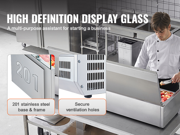 VEVOR refrigerated condiment prep station with stainless steel base, secure ventilation, suited for businesses.
