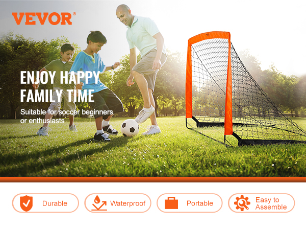 VEVOR portable soccer goal with kids playing soccer on green field, highlights durability and portability.