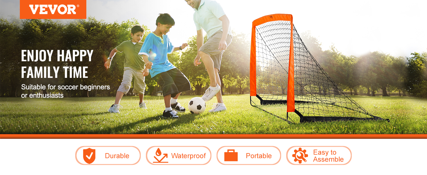 VEVOR portable soccer goal with kids playing soccer on green field, highlights durability and portability.