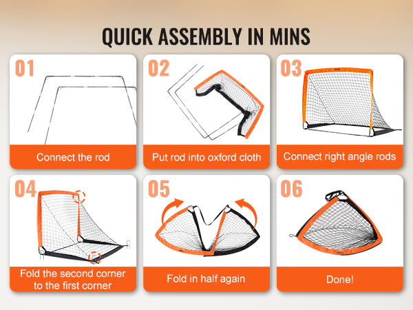 VEVOR portable soccer goal assembly steps: connect rods, insert rod into cloth, connect right angle rods, fold, done.