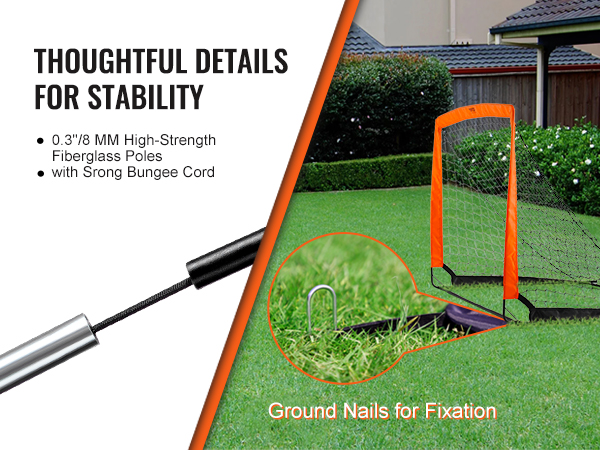 VEVOR portable soccer goal with fiberglass poles, strong bungee cord, and ground nails for stability.