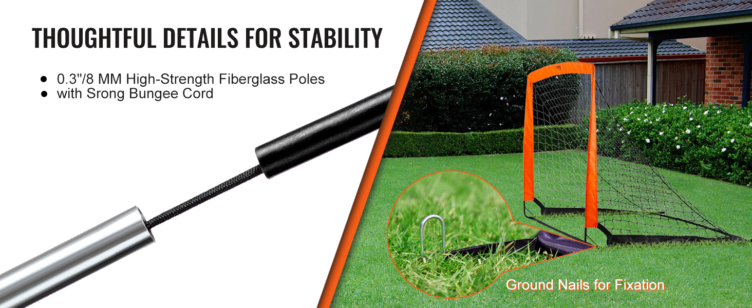 VEVOR portable soccer goal with fiberglass poles, strong bungee cord, and ground nails for stability.