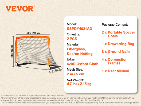 VEVOR portable soccer goal dimensions, materials, and package content details.