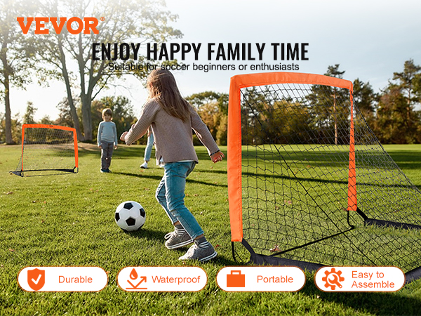kids playing soccer with a VEVOR portable soccer goal on green grass, promoting family time. durable, waterproof