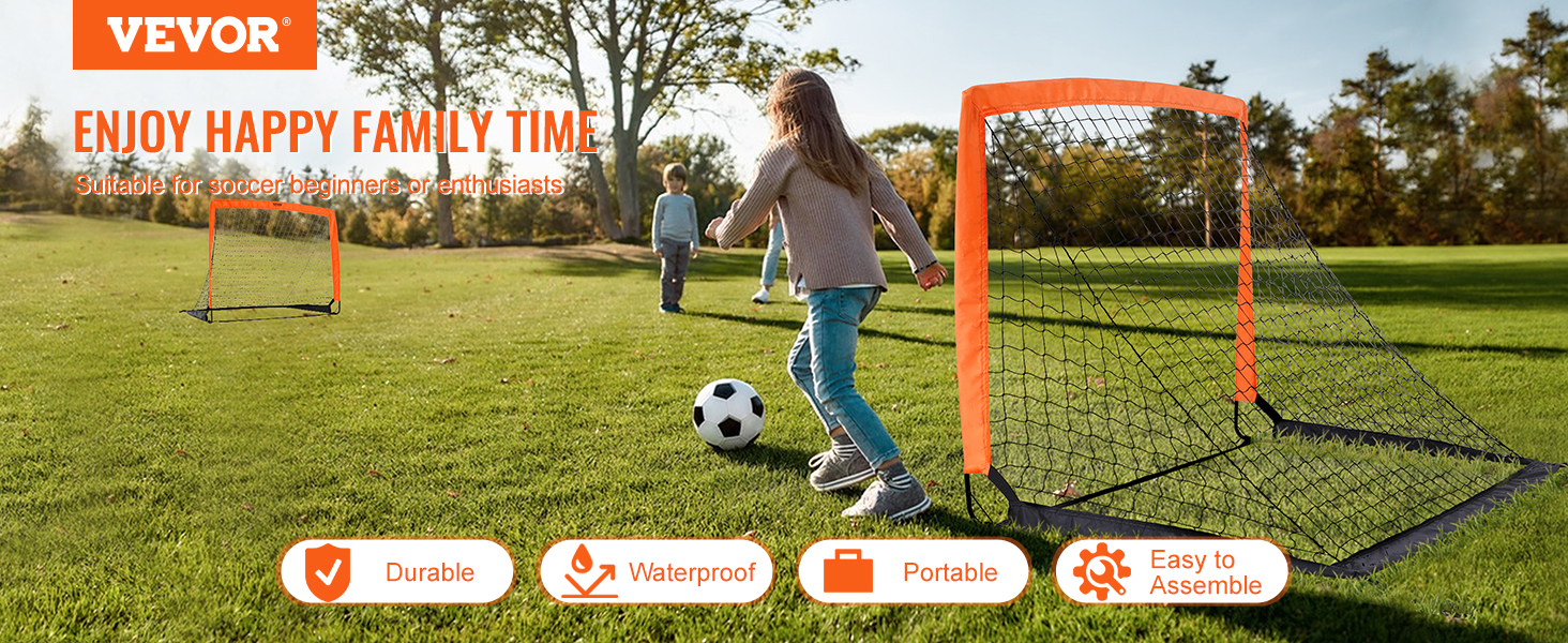 kids playing soccer with a VEVOR portable soccer goal on green grass, promoting family time. durable, waterproof
