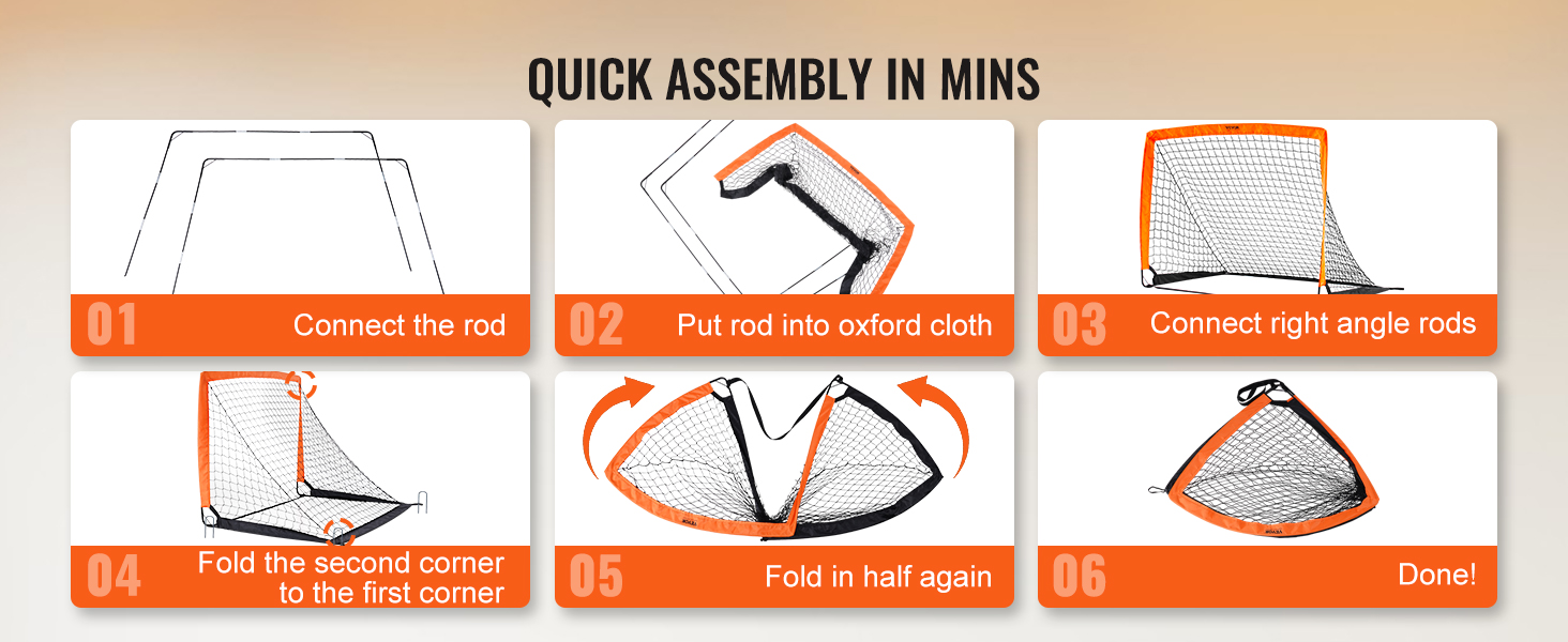 quick assembly in 6 steps for VEVOR portable soccer goal: connect rods, right angles, fold, done.
