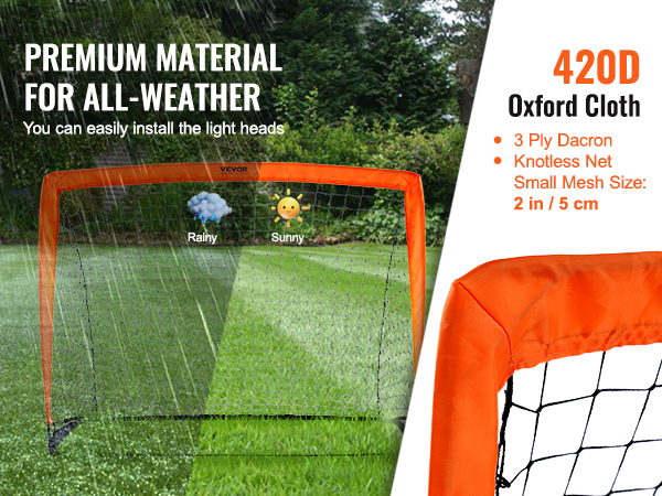 VEVOR portable soccer goal with all-weather 420d oxford cloth and 3-ply dacron knotless net.