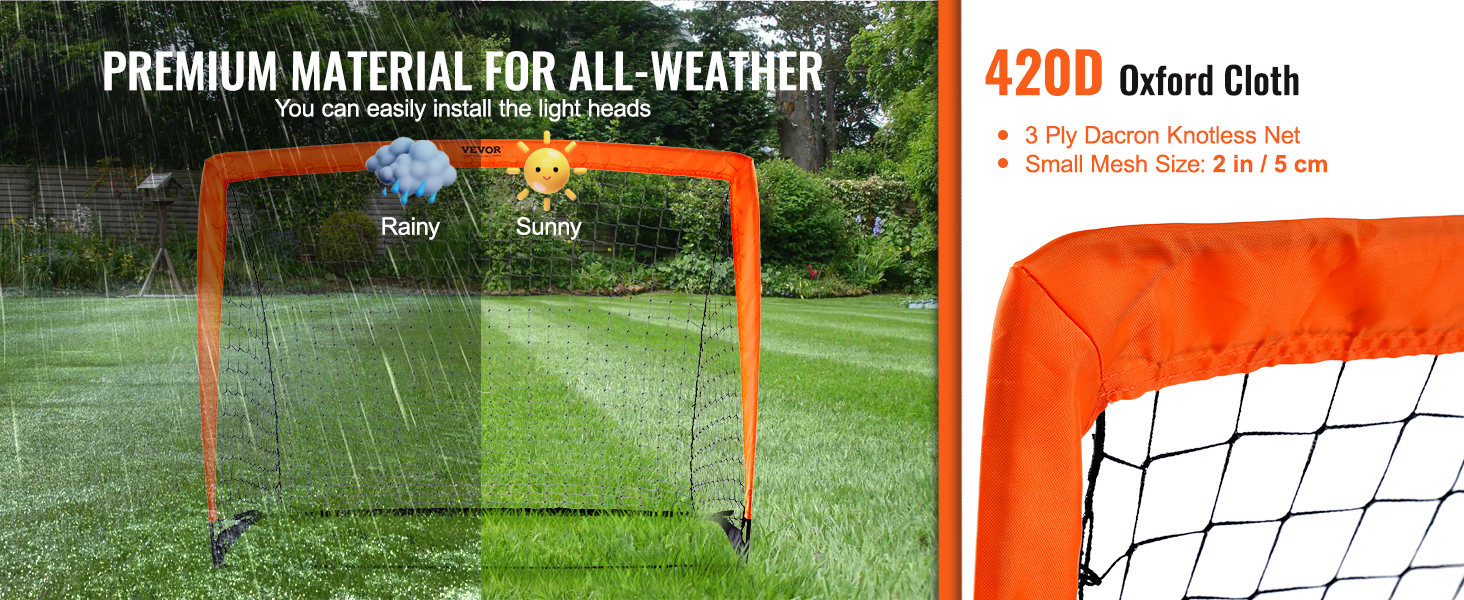 VEVOR portable soccer goal with all-weather 420d oxford cloth and 3-ply dacron knotless net.