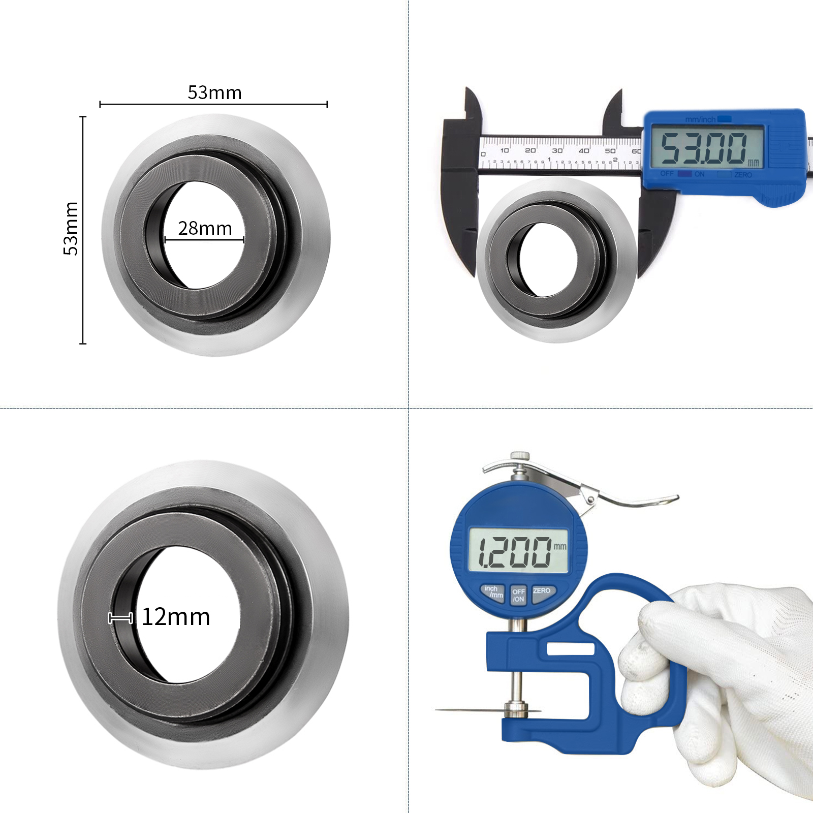 VEVOR wire stripper peiliukai su 53mm, 28mm, ir 12mm skersmens matavimai.