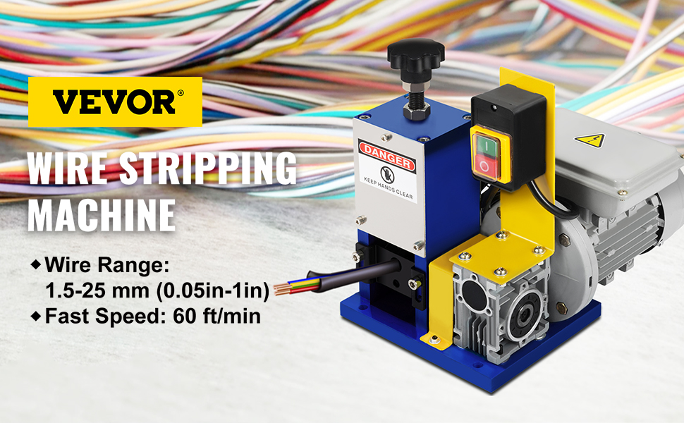 VEVOR wire stripping machine with 1.5-25 mm range and 60 ft/min speed.