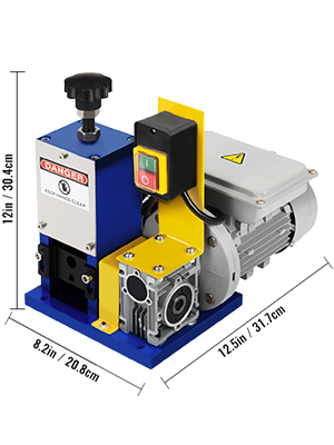 VEVOR wire stripping machine with dimensions labeled in blue and yellow casing.