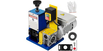 VEVOR wire stripping machine with gloves, accessories, and motor components.