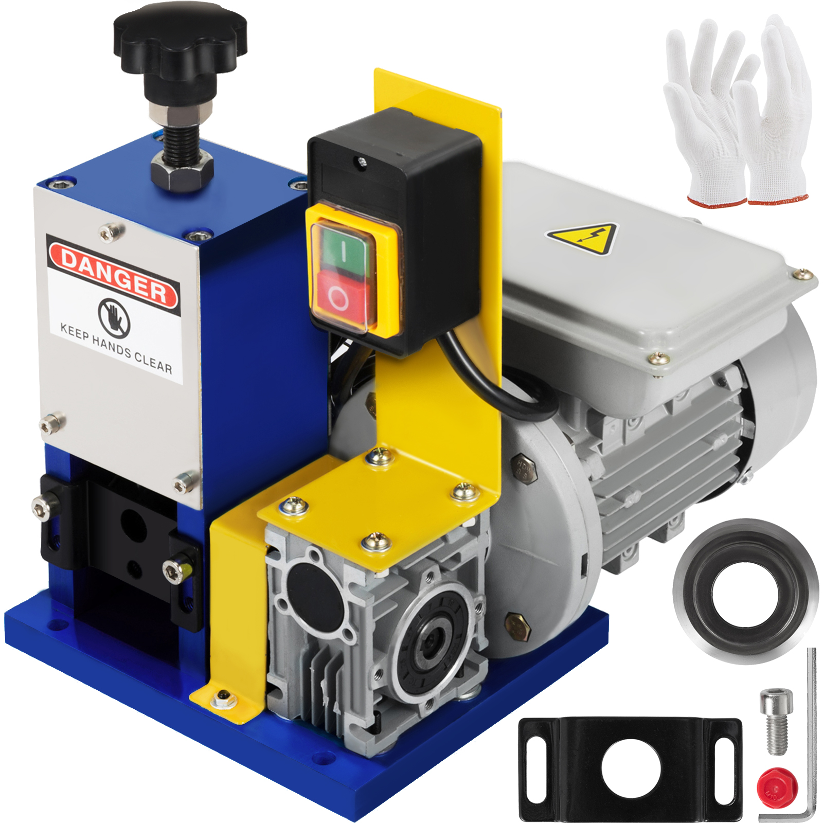 VEVOR wire stripping machine with gloves and accessories, featuring electric motor and safety switch.