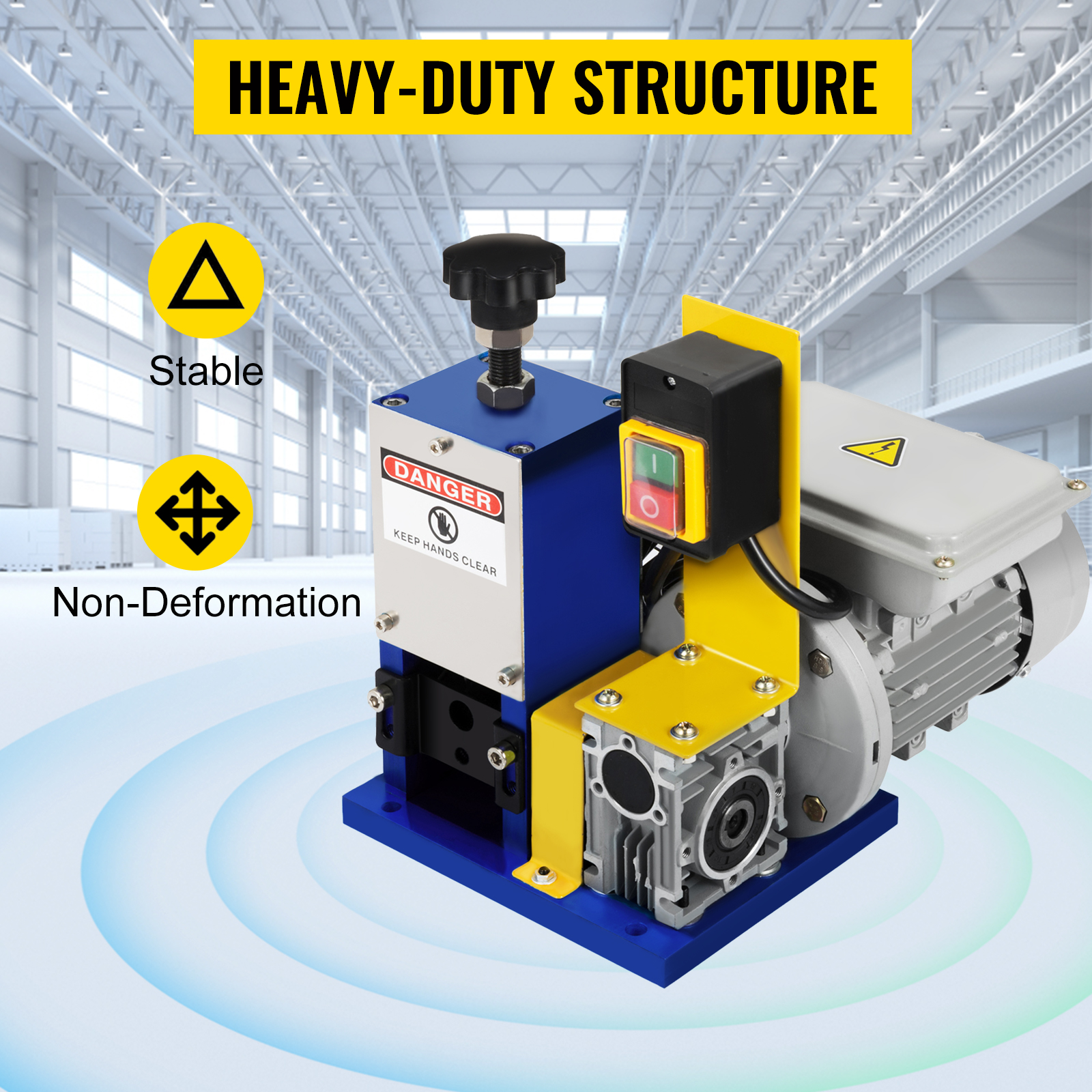 VEVOR wire stripping machine showcasing heavy-duty structure in an industrial setting.