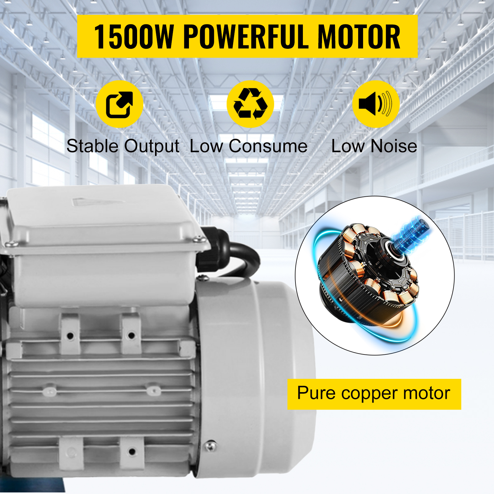 1500w motor showcases VEVOR wire stripping machine with pure copper motor, low noise, stable output.