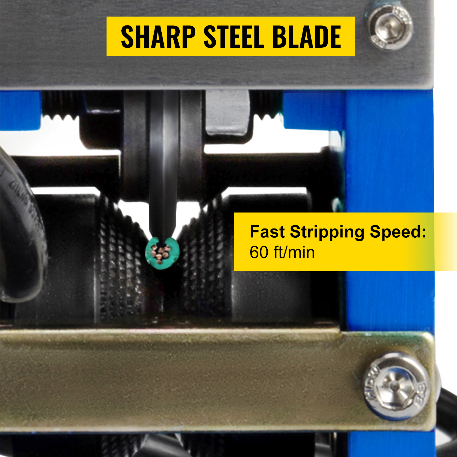 VEVOR wire stripping machine with sharp steel blade and fast stripping speed of 60 ft/min.