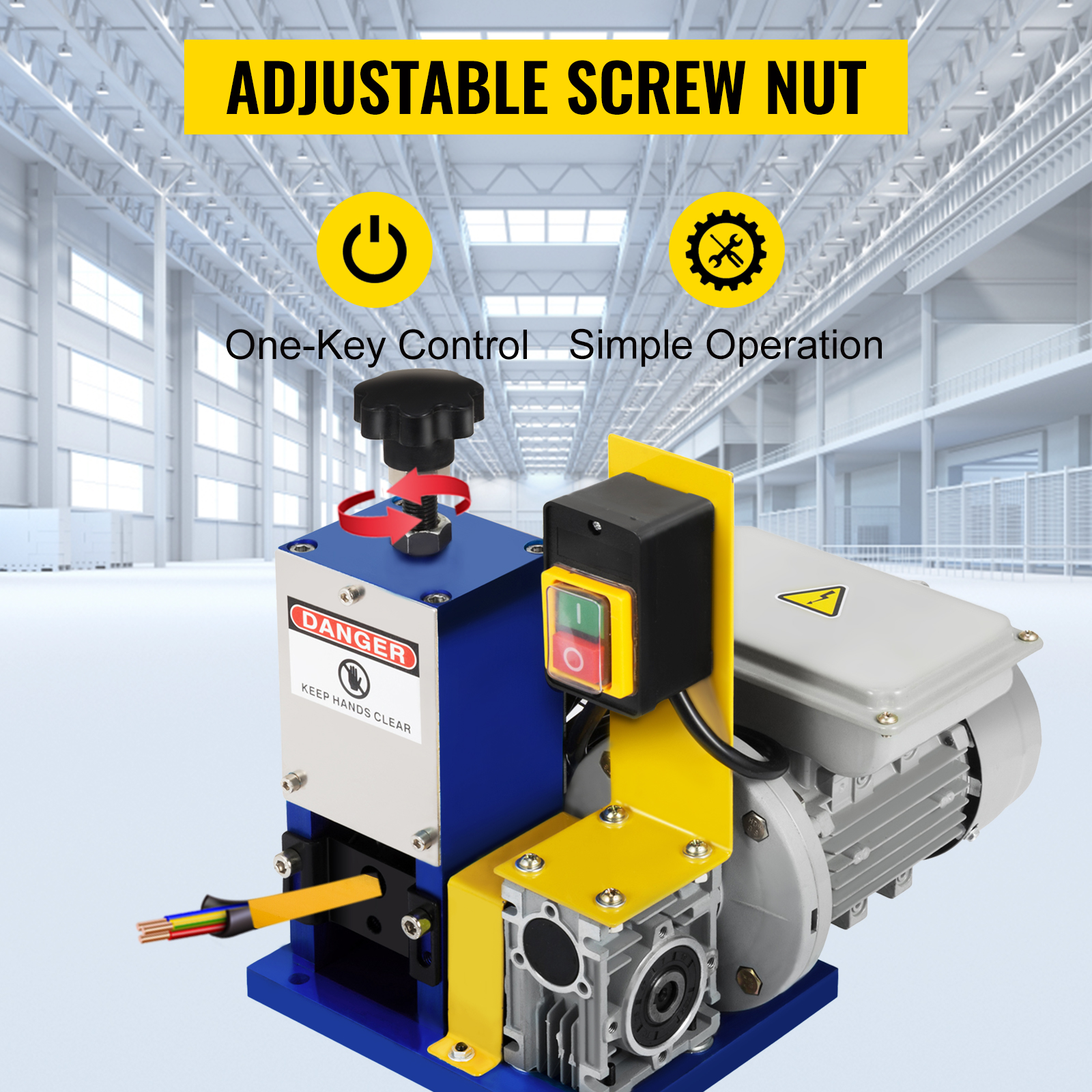 VEVOR wire stripping machine with one-key control and adjustable screw nut in a warehouse.
