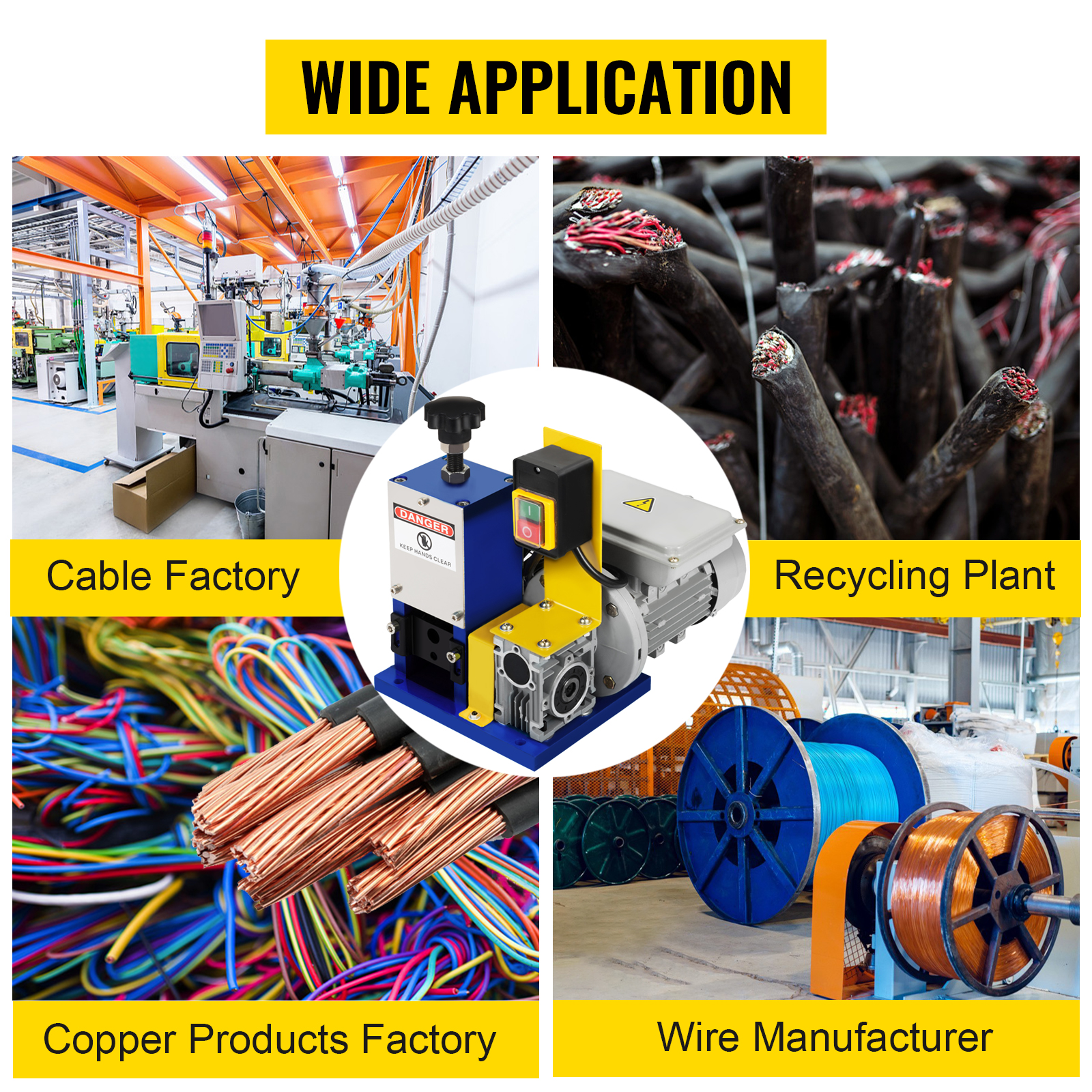 VEVOR wire stripping machine in cable factory, recycling plant, copper products factory, and wire manufacturer.