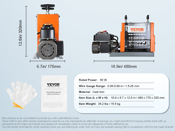 VEVOR stiepļu noņemšanas mašīna, 60 W, čuguns, stiepļu izmēra diapazons 0,06-0,98 collas, izmērs 18,9x6,7x12,6 collas.