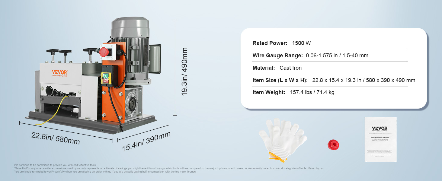 VEVOR wire stripping machine with 1500w power, wire gauge range 0.06-1.575 in, made of cast iron.