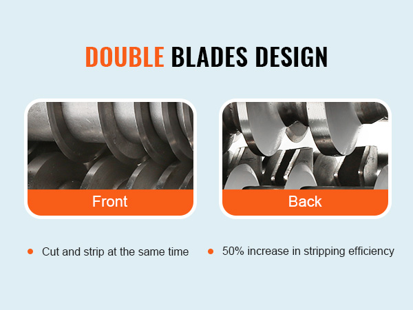 VEVOR vadu izolācijas noņemšanas mašīna ar dubultiem asmeņiem uzlabotai izolācijas noņemšanas efektivitātei, skats no priekšpuses un aizmugures.