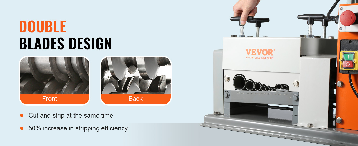 VEVOR vadu izolācijas noņemšanas mašīna ar dubultiem asmeņiem uzlabotai izolācijas noņemšanas efektivitātei, skats no priekšpuses un aizmugures.