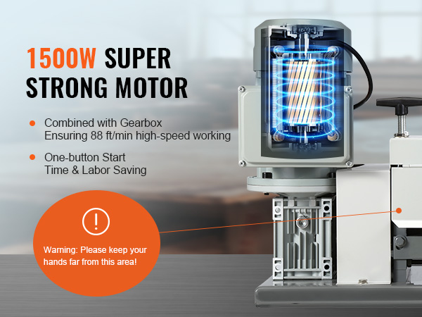 1500 W VEVOR vadu izolācijas noņemšanas mašīna ar pārnesumkārbu, ātrgaitas darbība, iedarbināšana ar vienu pogu, drošības brīdinājums.