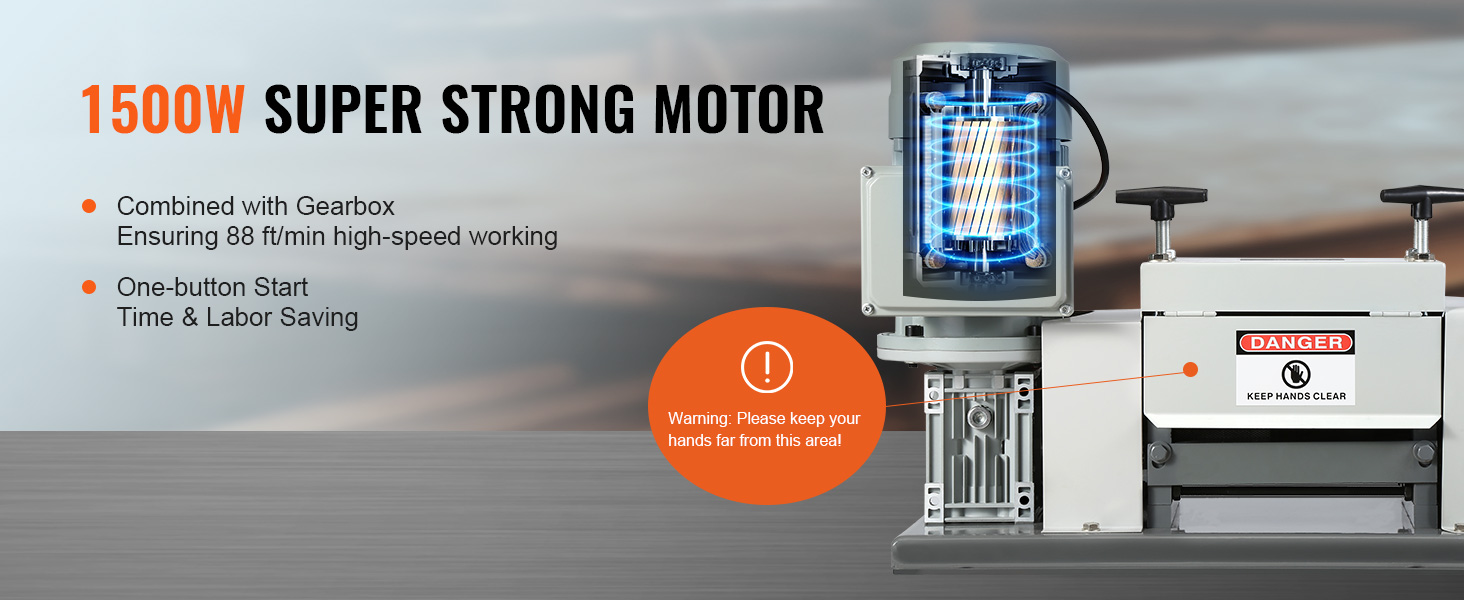 1500 W VEVOR vadu izolācijas noņemšanas mašīna ar pārnesumkārbu, ātrgaitas darbība, iedarbināšana ar vienu pogu, drošības brīdinājums.