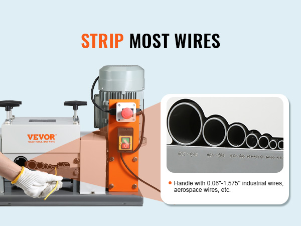 VEVOR vadu izolācijas noņemšanas mašīna, kas demonstrē dažādus vadu diametrus un to izolācijas noņemšanas iespējas.