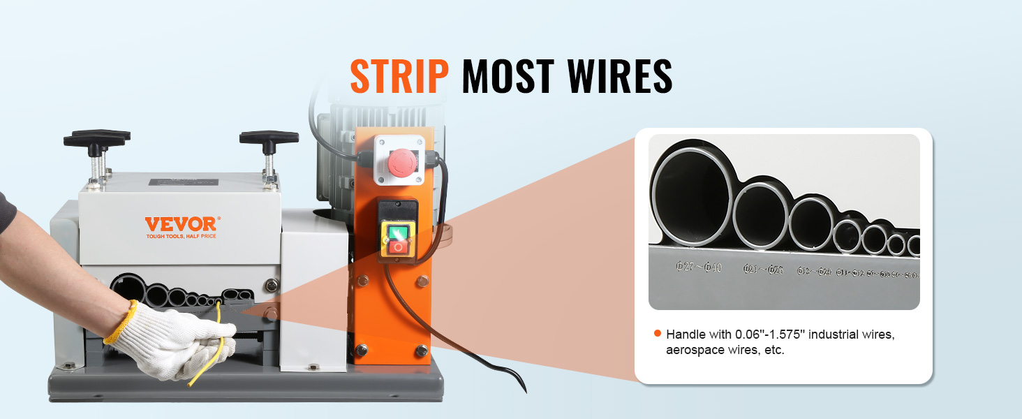 VEVOR vadu izolācijas noņemšanas mašīna, kas demonstrē dažādus vadu diametrus un to izolācijas noņemšanas iespējas.