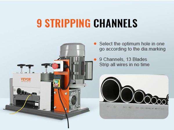 VEVOR vadu izolācijas noņemšanas mašīna ar 9 kanāliem un 13 asmeņiem efektīvai vadu izolācijas noņemšanai.