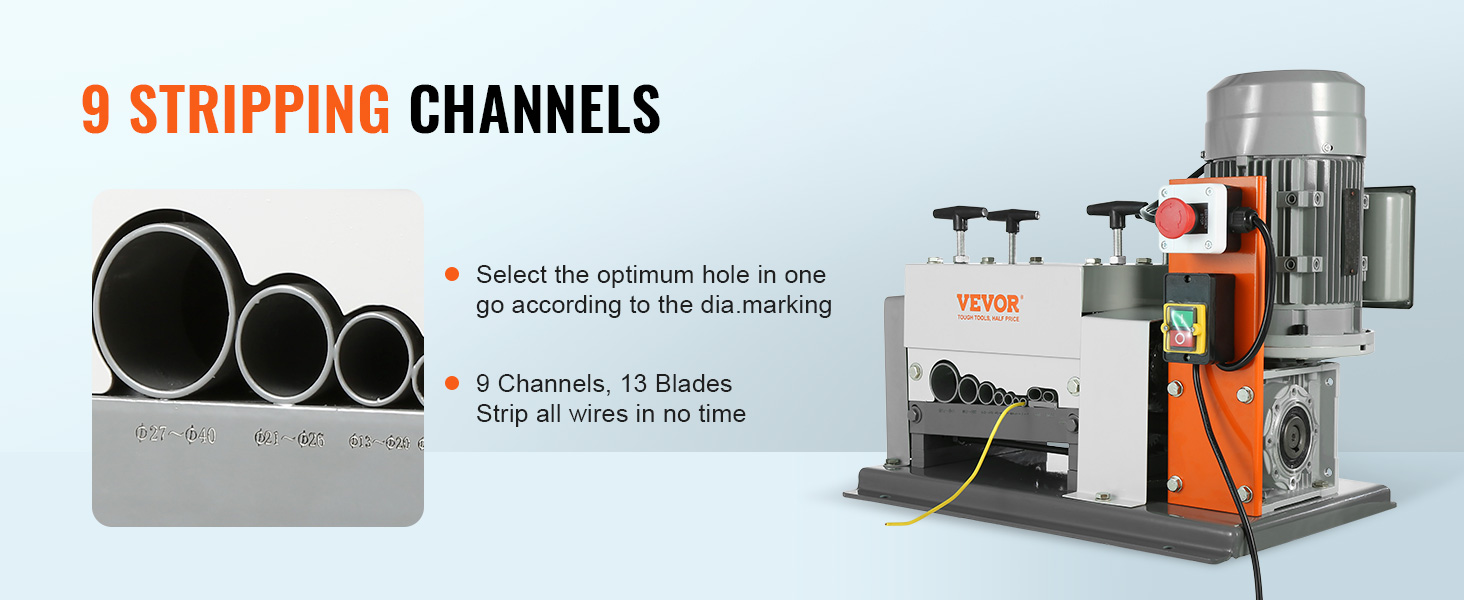VEVOR vadu izolācijas noņemšanas mašīna ar 9 kanāliem un 13 asmeņiem efektīvai vadu izolācijas noņemšanai.