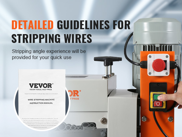 VEVOR vadu izolācijas noņemšanas mašīna ar lietošanas instrukciju un detalizētām vadlīnijām vadu izolācijas noņemšanai.