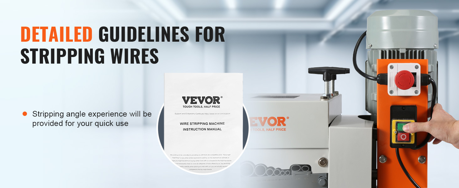 VEVOR vadu izolācijas noņemšanas mašīna ar lietošanas instrukciju un detalizētām vadlīnijām vadu izolācijas noņemšanai.