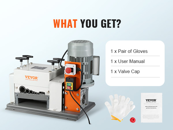 VEVOR vadu izolācijas noņemšanas mašīna ar komplektā iekļautiem cimdiem, vārsta vāciņu un lietotāja rokasgrāmatu.