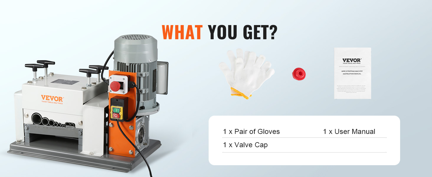 VEVOR vadu izolācijas noņemšanas mašīna ar komplektā iekļautiem cimdiem, vārsta vāciņu un lietotāja rokasgrāmatu.