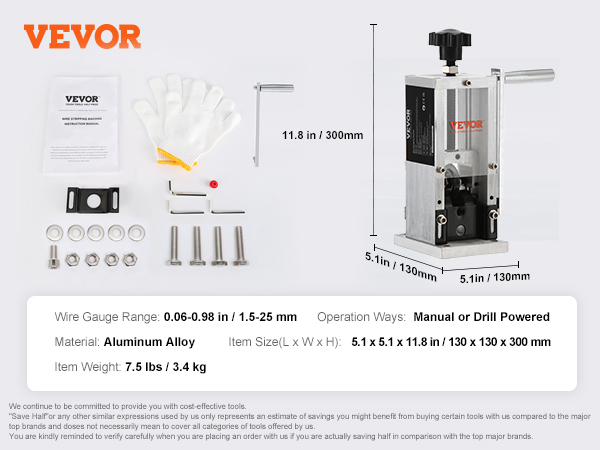 VEVOR wire stripping machine with accessories, dimensions, aluminum alloy material, and operation details.