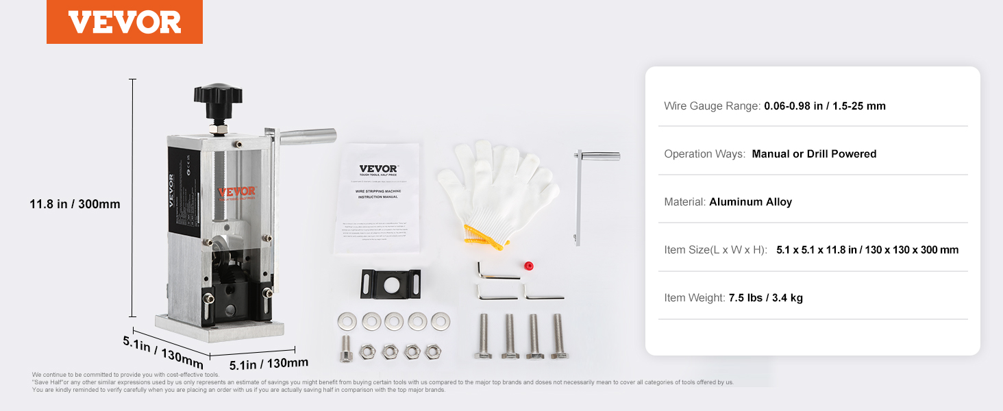 VEVOR wire stripping machine with accessories, dimensions, aluminum alloy material, and operation details.