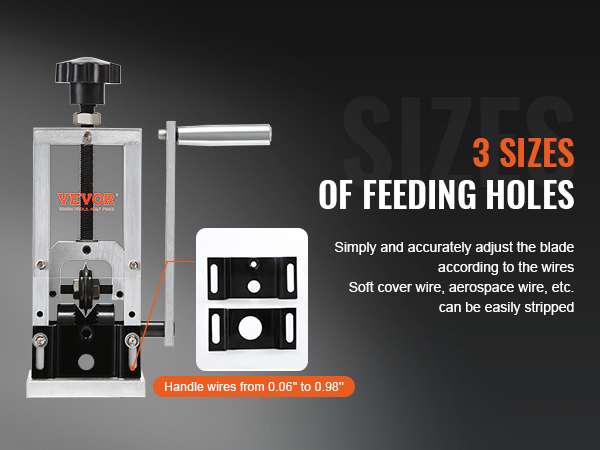 VEVOR wire stripping machine with 3 feeding hole sizes for handling wires 0.06" to 0.98".