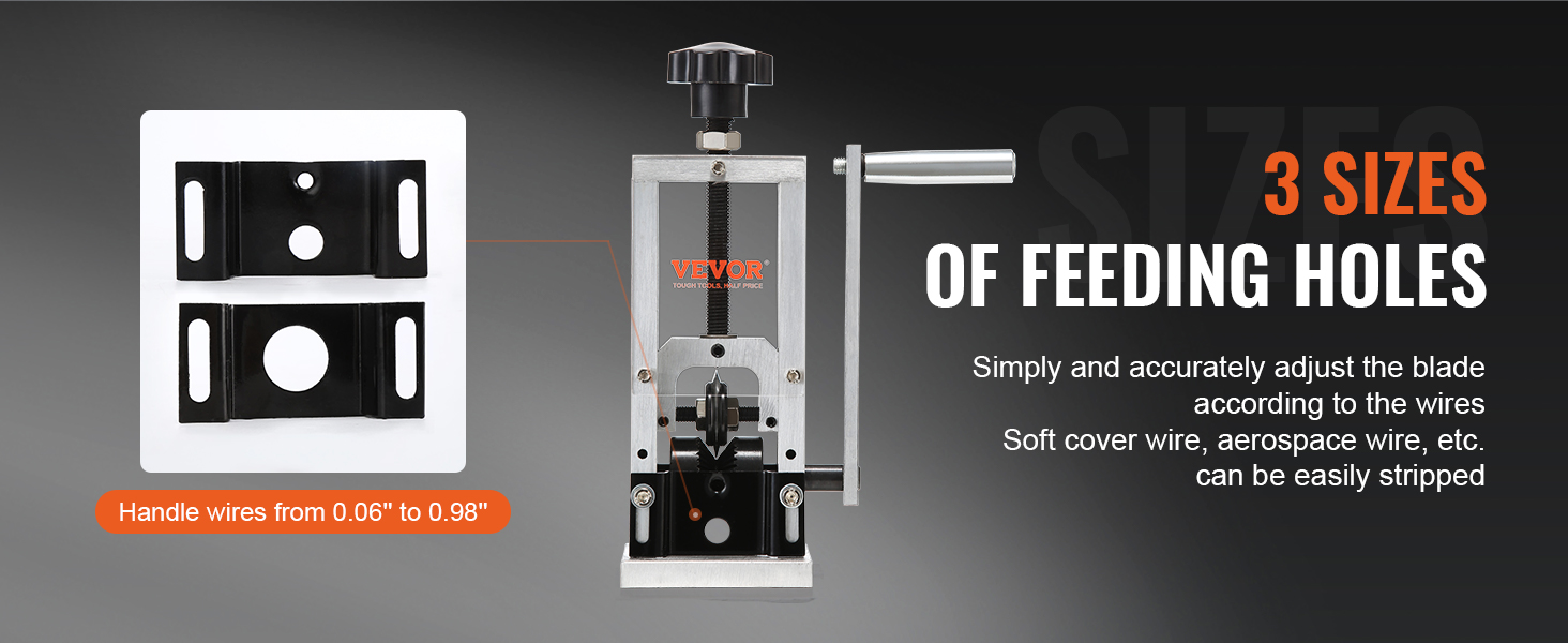 VEVOR wire stripping machine with 3 feeding hole sizes for handling wires 0.06" to 0.98".