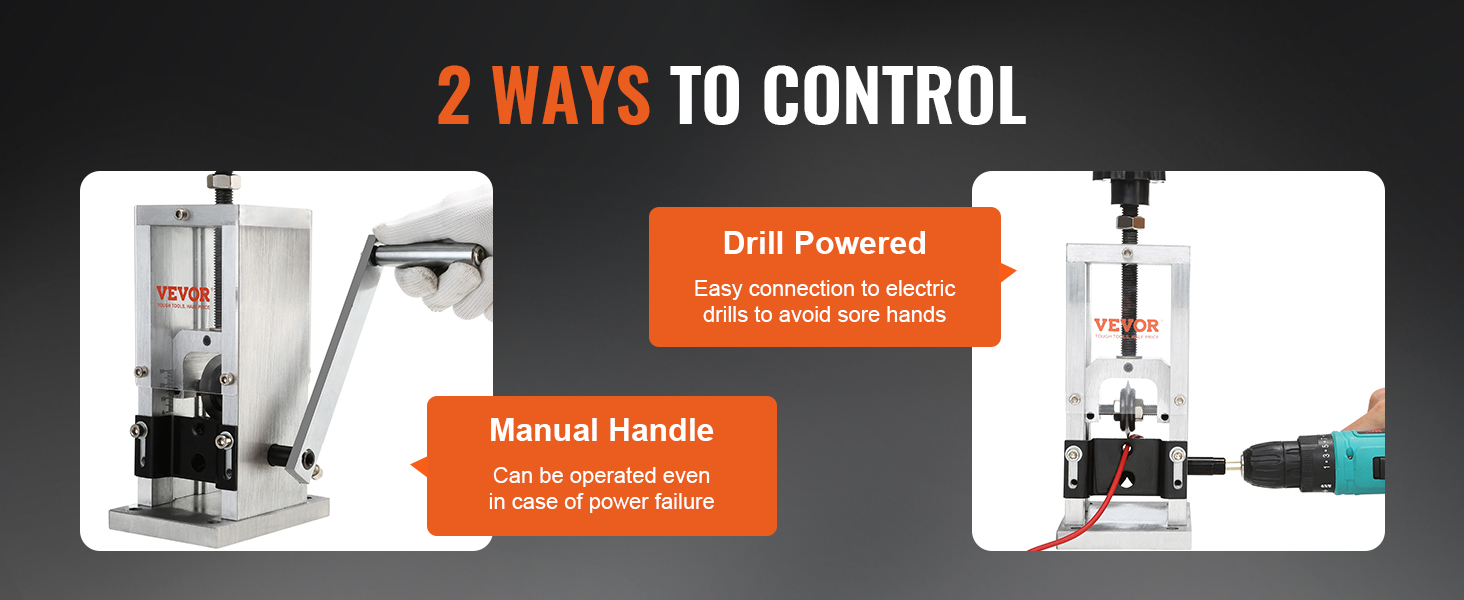 VEVOR wire stripping machine, two control ways: drill powered and manual handle for versatility.