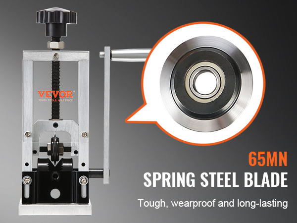 VEVOR wire stripping machine with 65mn spring steel blade, designed for toughness and durability.