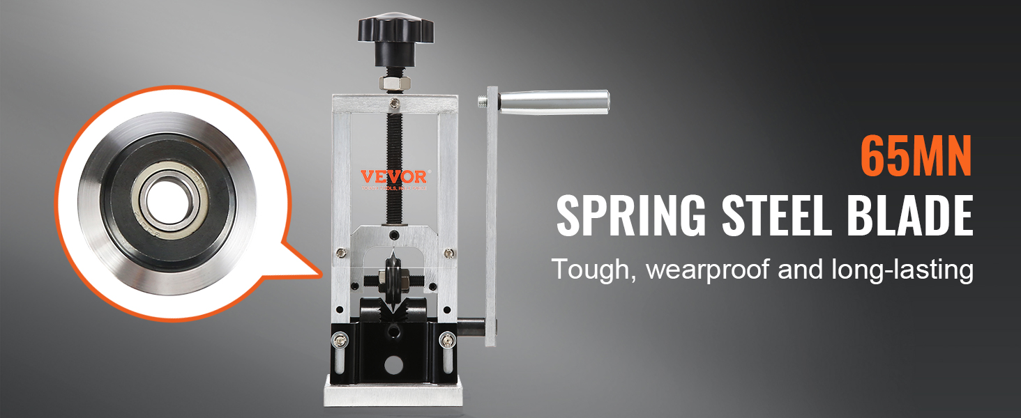 VEVOR wire stripping machine with 65mn spring steel blade, designed for toughness and durability.