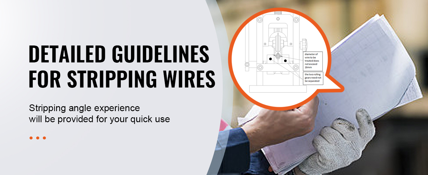 detailed guidelines for using VEVOR wire stripping machine in a manual, with diagrams and instructions.