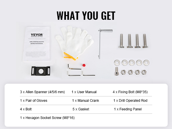 VEVOR wire stripping machine accessories including bolts, gaskets, gloves, and a manual.