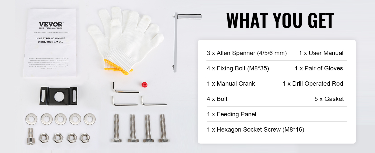 VEVOR wire stripping machine accessories including bolts, gaskets, gloves, and a manual.