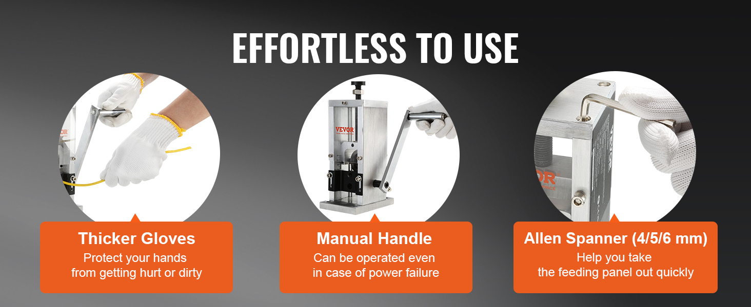 effortless use of VEVOR wire stripping machine with thicker gloves, manual handle, and allen spanner.