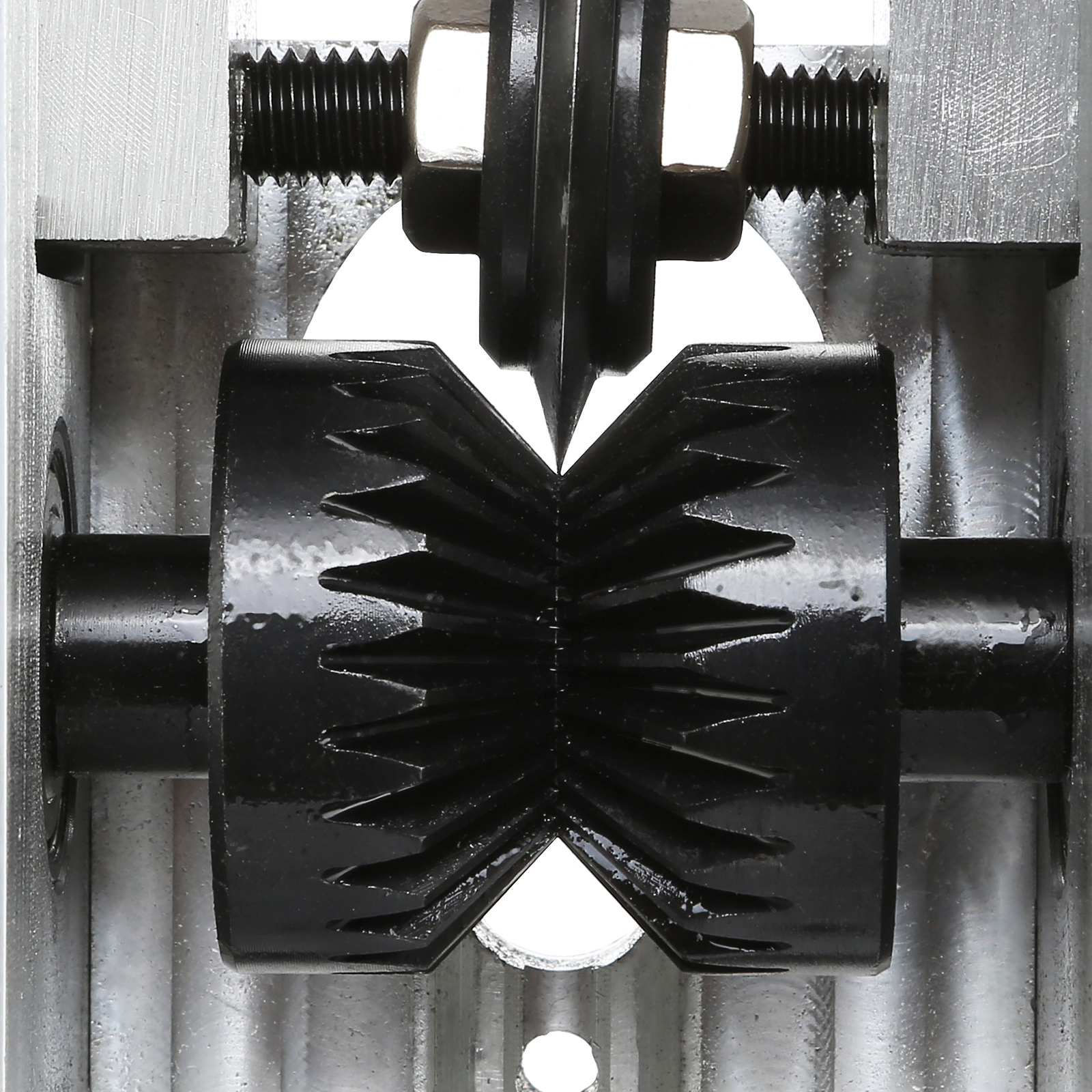 sharp cutting blades and grooved rollers of VEVOR wire stripping machine in close-up view.