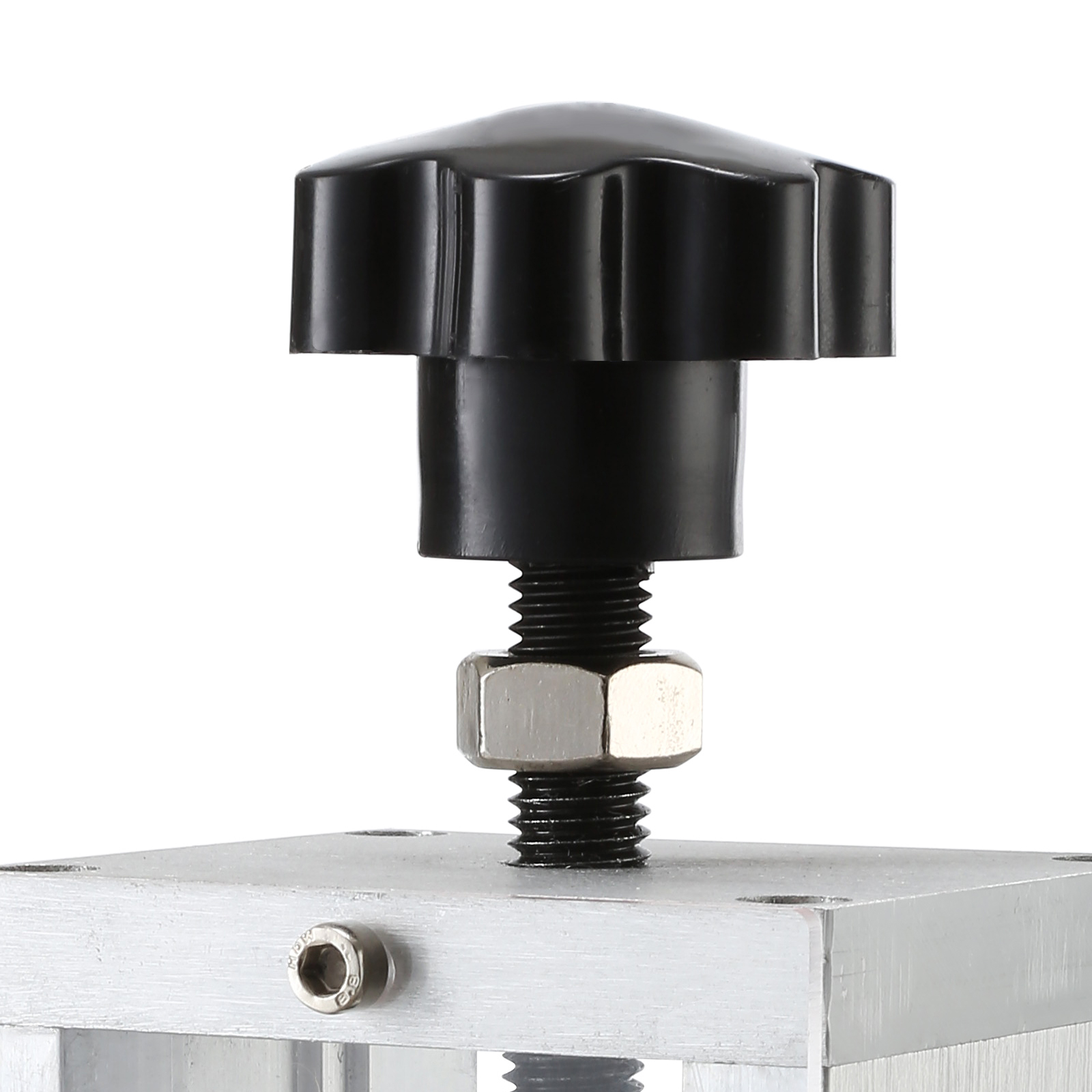 close-up of a VEVOR wire stripping machine adjustment knob and screw on a metal base.