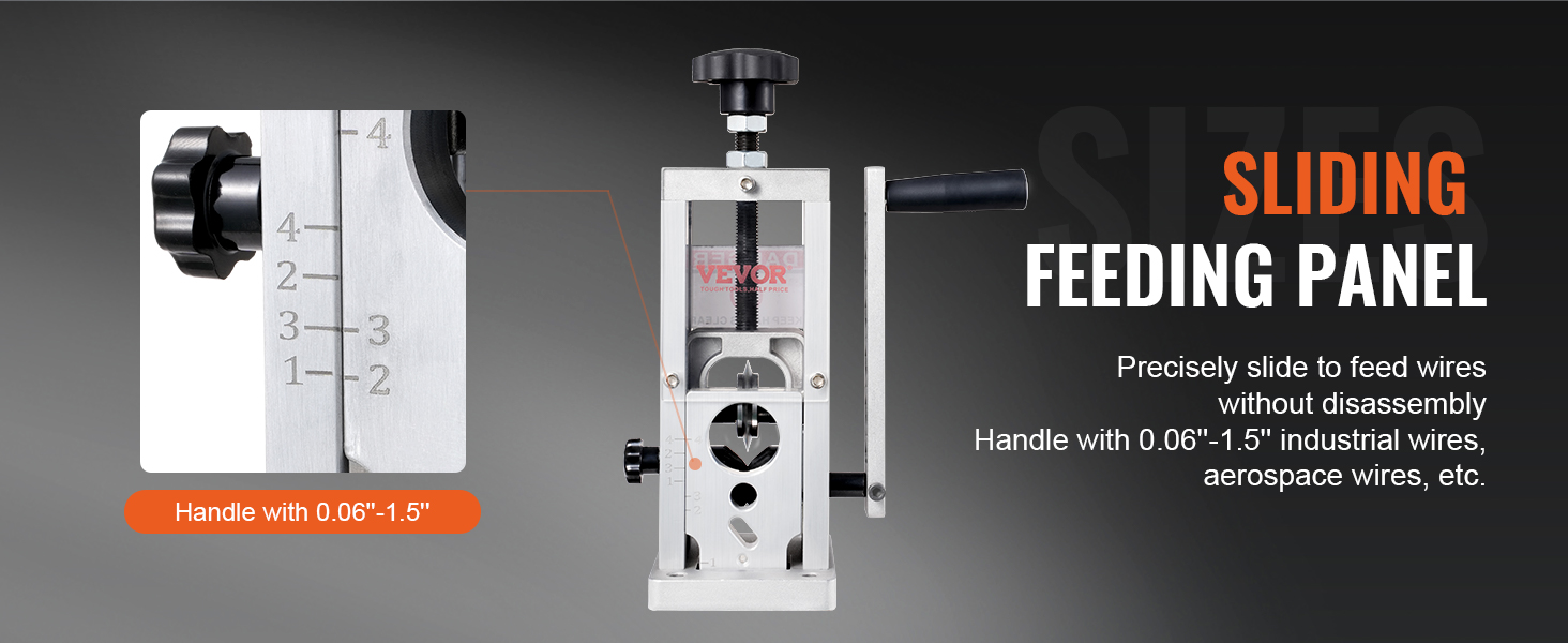 VEVOR wire stripping machine with sliding feeding panel, handling 0.06"-1.5" industrial and aerospace wires.